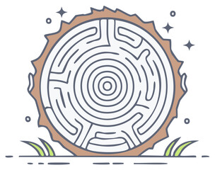 Fototapeta premium Wooden Maze Puzzle Illustration with Circular Design and Grass Accent Linear Style