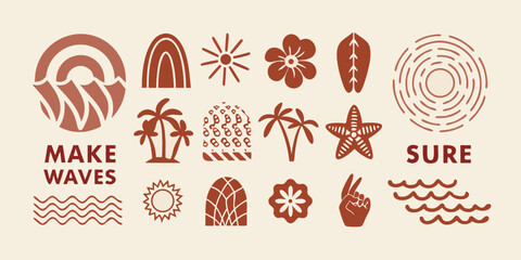 Boho summer vibes collection of tropical and beach elements with inspirational text