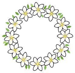 Fototapeta premium Elegant white floral wreath with green leaves and yellow centers on a white background