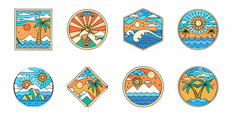 Collection of eight stylized tropical island and ocean landscape badges and icons