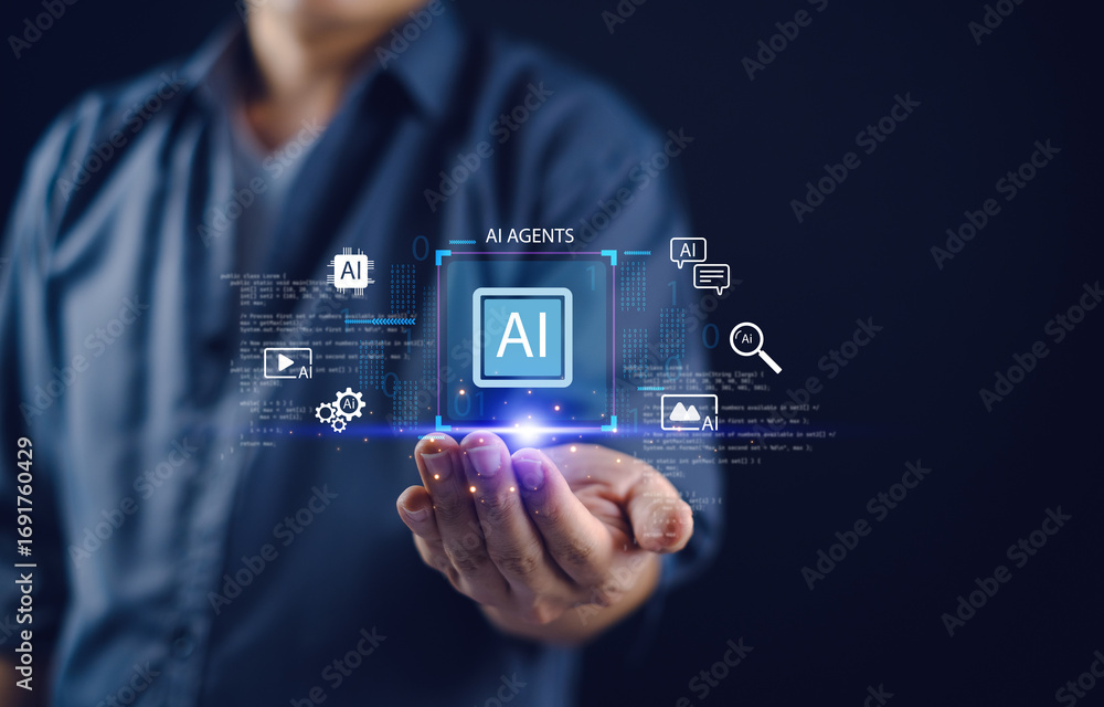 Poster ai agent automation transforming digital operations with innovative technology, shown by a businessm