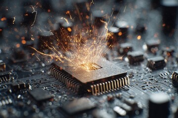 Closeup of a microchip on a computer circuit board, showing the intricate digital hardware and electronic components of a processor