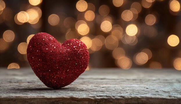 A red heart on a rustic wooden surface, with a blurred background of warm lights
