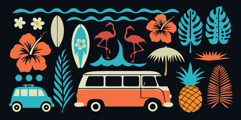 Retro summer vacation tropical beach elements with flamingos surfboards and vintage van