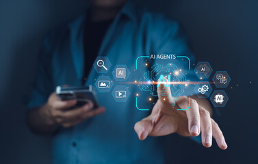 AI agent automation enhancing mobile user experience through virtual interface technology, illustrated by a person interacting with a futuristic AI system via touchscreen gestures