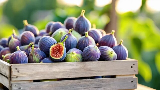 Wooden crate full of fresh purple figs, some halved to reveal pink-red flesh.