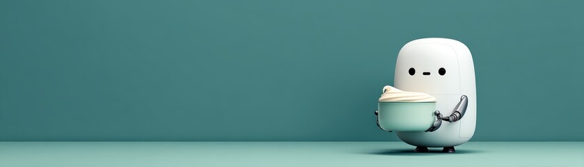 A cute robot character holding a bowl, set against a minimalist teal background, creating a whimsical and modern atmosphere with space for text, cute chef robot
