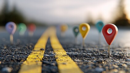 Colorful map pins marking a road