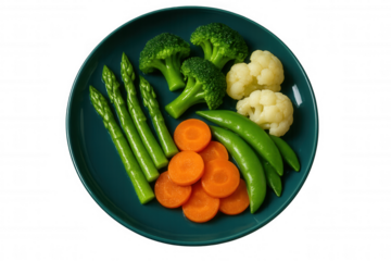 Steamed colorful vegetables including carrots, broccoli, cauliflower, asparagus, and peas positioned neatly on teal ceramic plate with clean background