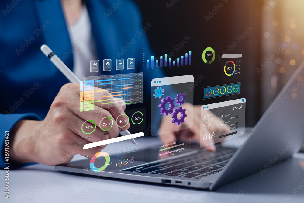 Poster professional using stylus with ai interface and business analytics dashboard showing real-time data,