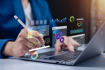 Professional using stylus with AI interface and business analytics dashboard showing real-time data, charts, and chatbot assistant for strategic planning.