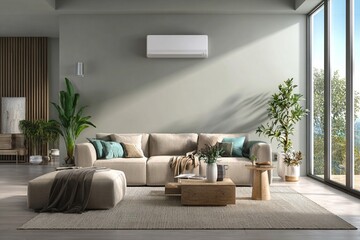 Contemporary living room interior with a comfortable couch, fireplace, and modern furniture