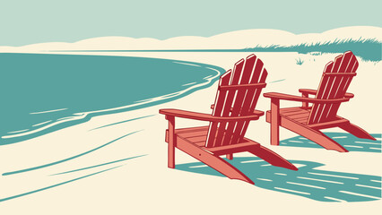 Two adirondack chairs on a sandy beach by the ocean