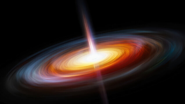 Artistic rendering of a black hole with accretion disk and jet against a dark background of space - Powered by Adobe