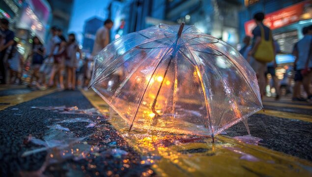 Transparent umbrella on a city street at night, lit from within