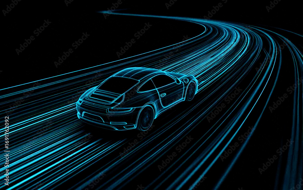 Poster high-tech car with light trails showing fast movement