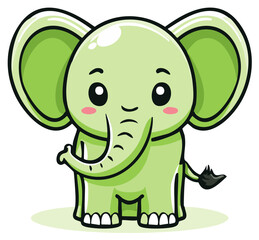 Obraz premium Illustration of cartoon light green baby elephant with big ears and short tail in front view.