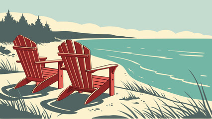 Two red adirondack chairs on a sandy beach facing the ocean