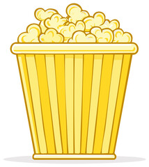 Cartoon illustration of fresh popped butter popcorn in a classic striped movie theater bucket