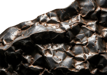 Heavily dented, scratched industrial steel sheeting, dark oxidized grey with copper highlights, crumpled, macro shot with harsh side light on white. Abstract study of industrial decay