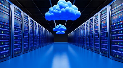 Server Room with Rows of Data Racks and Pixelated Clouds Blue Lit