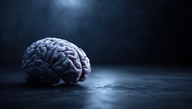 A detailed 3D model of a human brain, illuminated on a dark background