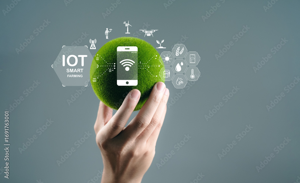 Poster innovative concept of iot smart farming with mobile technology, wireless sensors, and data analytics