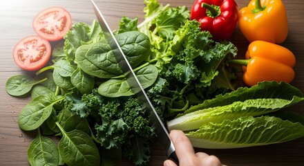Fresh chopped vegetables on cutting board with knife
