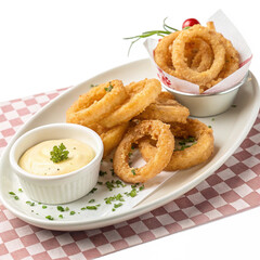 Crispy onion rings with dipping sauce on transparent background for fast food branding