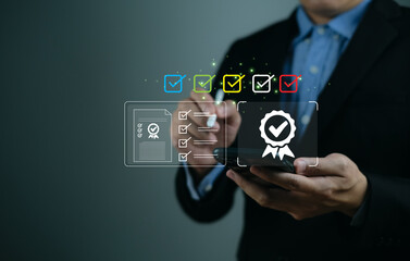 Quality assurance concept checklist. Digital quality standards, certification A person a digital checklist and certificate, achievement and verification guarantee control and service workflow business