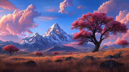 Snow Capped Mountain with Pink Cherry Blossom Trees Golden Grass Field at Sunset