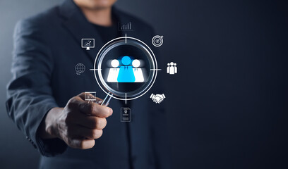 Relationship strategies CRM concept strategies, marketing A business professional interacts with digital icons representing teamwork and collaboration, set against customer management global network