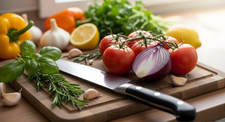 Fresh chopped vegetables on cutting board with knife
