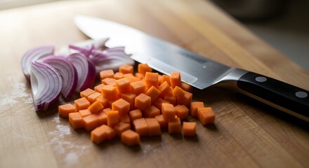 Tomatoes and herbs with knife on cutting board