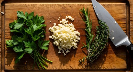 Chopped tomatoes and garlic with knife in kitchen