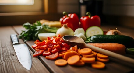 Fresh chopped vegetables on cutting board with knife