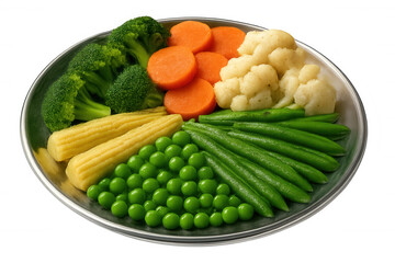 Steamed mixed vegetables—broccoli, carrots, cauliflower, corn, peas, green beans—neatly arranged on round metal plate with transparent backdrop