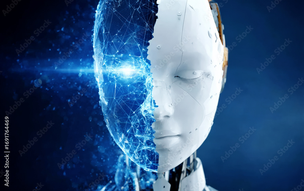 Aufkleber futuristic robot head with digital network connection