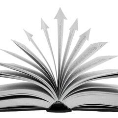 Open Book with Ascending Arrows on a Black Background: A Conceptual Image of Growth Progress and Knowledge Expansion