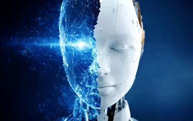 Futuristic Robot Head with Digital Network Connection