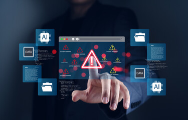 System warning alert cybersecurity risk showing a businessman's hand interacting with a virtual interface, highlighting AI data protection and system vulnerabilities in digital networks