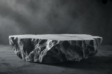Dramatic black and white stone pedestal with textured surface rock display