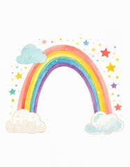 a sweet hand drawn watercolor rainbow arching between two clouds with a sprinkle of colorful stars for a child's nursery art.