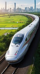 High-speed Bullet Train Traveling Through Green Countryside in Urban Cityscape