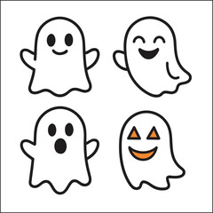 Four adorable cartoon ghosts expressing different emotions with cute faces