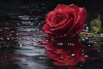 A single, beautiful red rose with water drops on its petals evokes a feeling of romantic, natural beauty