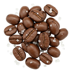 Overhead Closeup Shot of Dark Brown Roasted Coffee Beans Scattered with White Sugar Crystals on a Transparent Background