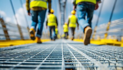 Construction workers walking on a bridge