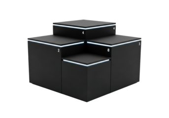 A sleek, matte black recycled composite display plinth with three tiered platforms and cool-white LED strips, isolated on a transparent infinity cyclorama background, clean informational display