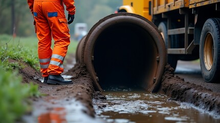 Worker in bright orange safety gear stands beside a large muddy pipe emerging from the ground near a truck